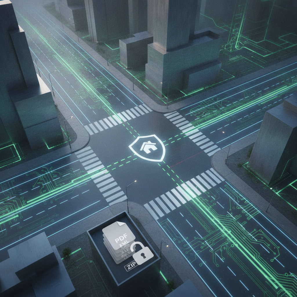 A digital illustration of a city intersection with road safety features and infrastructure el — Building Safer Streets Act