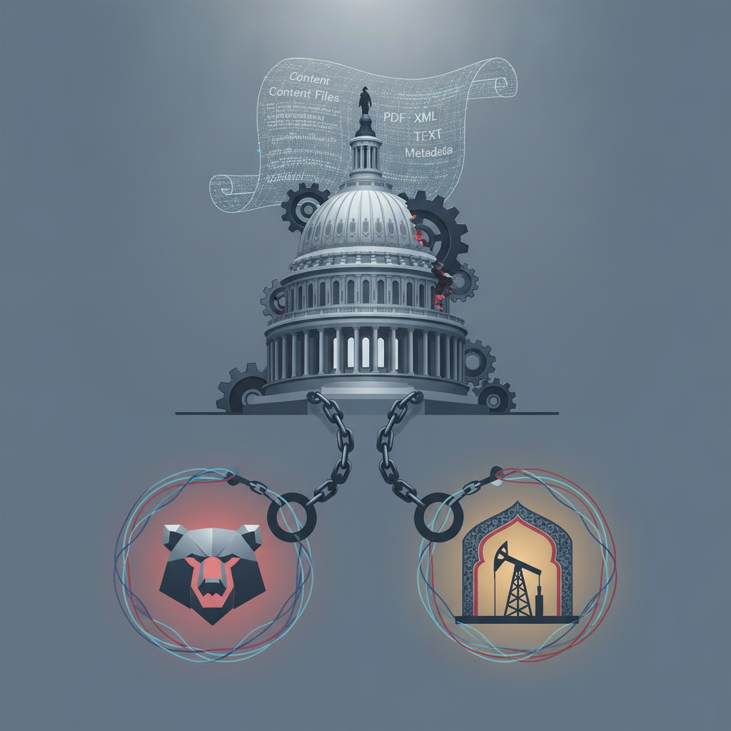 Illustration of the U.S. Capitol building with chains connecting a bear — Lindsey O Graham Sanctioning Russia and Iran Act