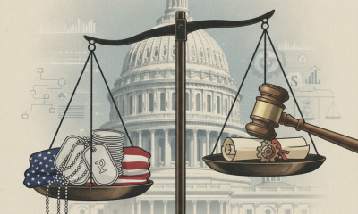 A balanced scale featuring military dog tags, a gavel, and a docum — Fair Debt Collection Practices for Servicemembers Act
