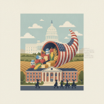 Illustration of a cornucopia filled with U.S. food products in front of the Capit — American Food for American Schools Act