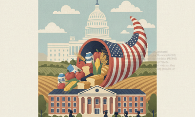 Illustration of a cornucopia filled with U.S. food products in front of the Capit — American Food for American Schools Act
