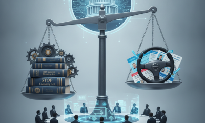 A digital scale balancing books labeled 'STOP Improper Licensing Act' and a steering wheel, symbolizing commercial driver…