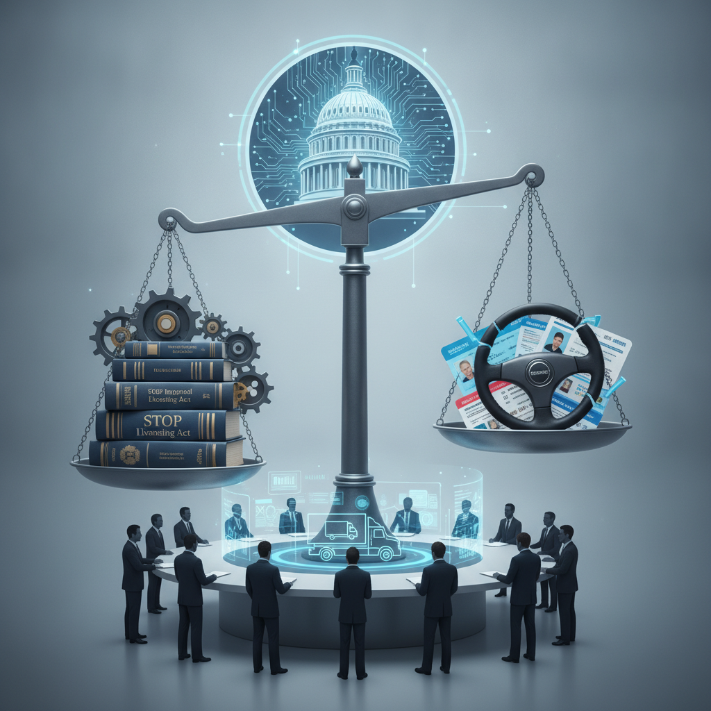 A digital scale balancing books labeled 'STOP Improper Licensing Act' and a steering wheel, symbolizing commercial driver…