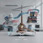 A scale balancing the U.S. Capitol and books on travel regulations, symbolizing the VISITOR Act's focus on visa processing…