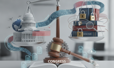 A scale balancing the U.S. Capitol and books on travel regulations, symbolizing the VISITOR Act's focus on visa processing…