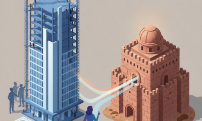 A contrasting illustration of a modern skyscraper under construction and a sandcastle, symbolizing — democrats state power