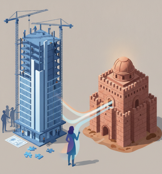 A contrasting illustration of a modern skyscraper under construction and a sandcastle, symbolizing — democrats state power