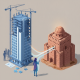 A contrasting illustration of a modern skyscraper under construction and a sandcastle, symbolizing — democrats state power