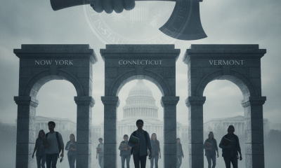 A hand holding an axe above stone arches labeled New York, Connecticut, and Vermont, symbol — DOJ in-state tuition lawsuit
