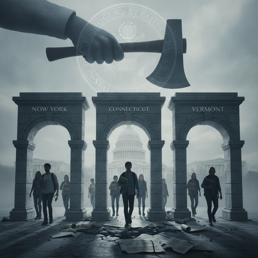 A hand holding an axe above stone arches labeled New York, Connecticut, and Vermont, symbol — DOJ in-state tuition lawsuit