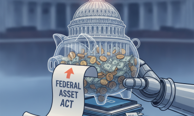 A robotic arm placing money into a piggy bank with a dollar sign, symbolizing the ASSET Act and publi — ASSET Act HR 10023