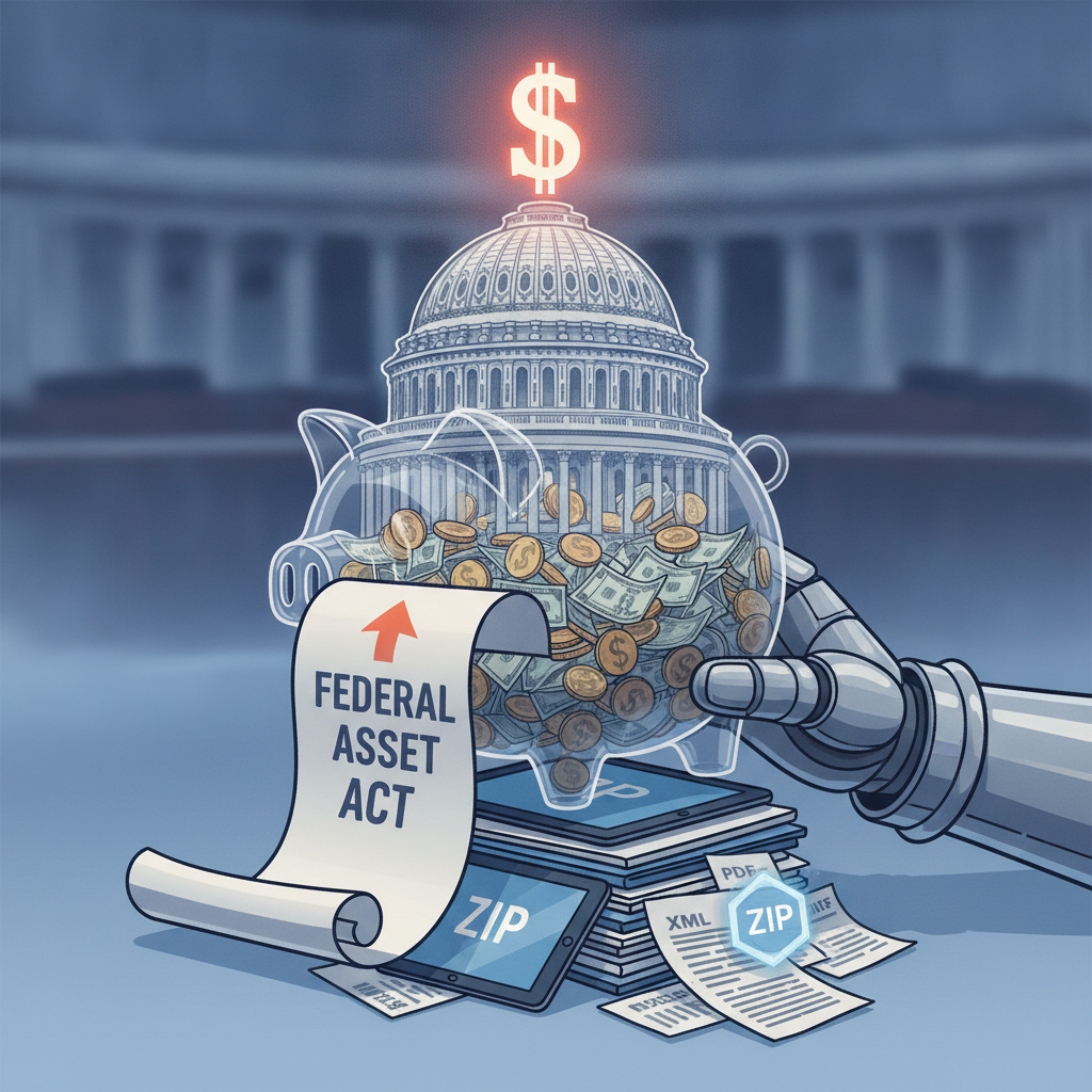 A robotic arm placing money into a piggy bank with a dollar sign, symbolizing the ASSET Act and publi — ASSET Act HR 10023