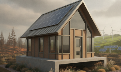 Modern house design featuring solar panels, surrounded by greenery and wind turbines, symbolizing hazard-resist — HR 10022