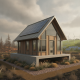 Modern house design featuring solar panels, surrounded by greenery and wind turbines, symbolizing hazard-resist — HR 10022