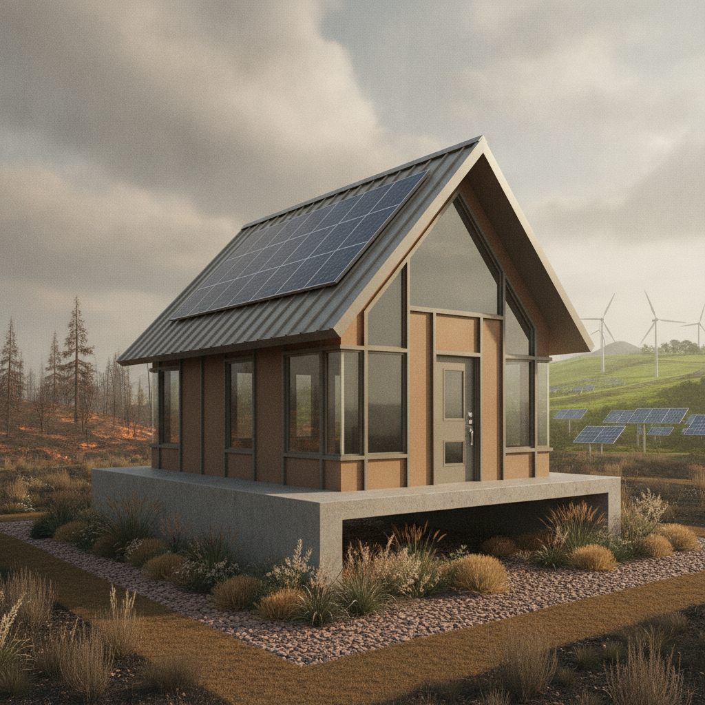 Modern house design featuring solar panels, surrounded by greenery and wind turbines, symbolizing hazard-resist — HR 10022