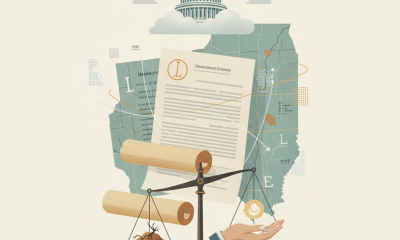 Illustration depicting a scale balancing land and a hand holding a document, with a map — Illinois land settlement claims