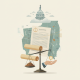 Illustration depicting a scale balancing land and a hand holding a document, with a map — Illinois land settlement claims