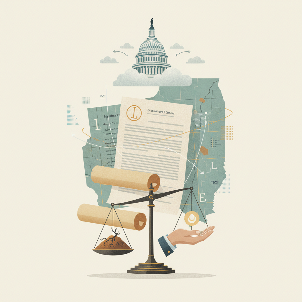 Illustration depicting a scale balancing land and a hand holding a document, with a map — Illinois land settlement claims