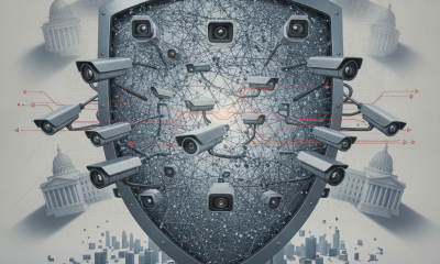A digital shield surrounded by surveillance cameras and cityscape, symbolizing Flock Safety license plate readers and priv…