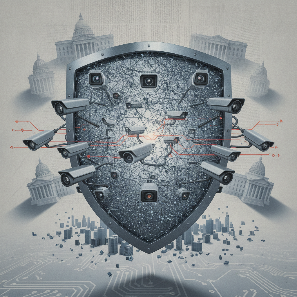 A digital shield surrounded by surveillance cameras and cityscape, symbolizing Flock Safety license plate readers and priv…