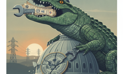 A large, mechanical alligator holding a wrench and money sits atop a government building, symbolizing the GATOR Act of 2026.