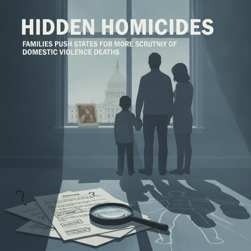 Silhouette of a family looking out a window with documents and a magnifying glass on a tabl — hidden homicides legislation