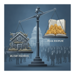 A scale balancing military readiness and fiscal discipline, with a house and money on either — defense appropriations bill