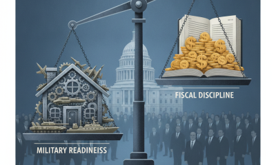 A scale balancing military readiness and fiscal discipline, with a house and money on either — defense appropriations bill