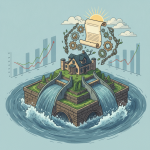 Illustration depicting a house surrounded by flowing water, gears, an — National Flood Impact Reduction and Resilience Act