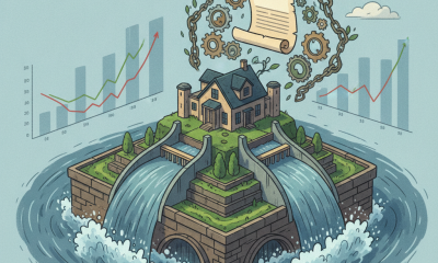 Illustration depicting a house surrounded by flowing water, gears, an — National Flood Impact Reduction and Resilience Act