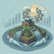 Illustration depicting a house surrounded by flowing water, gears, an — National Flood Impact Reduction and Resilience Act