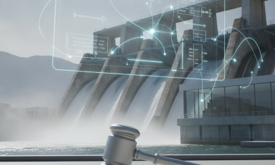 A gavel rests on a table in front of a hydropower facility with digital overlays represen — HR 9705 hydropower legislation