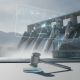 A gavel rests on a table in front of a hydropower facility with digital overlays represen — HR 9705 hydropower legislation