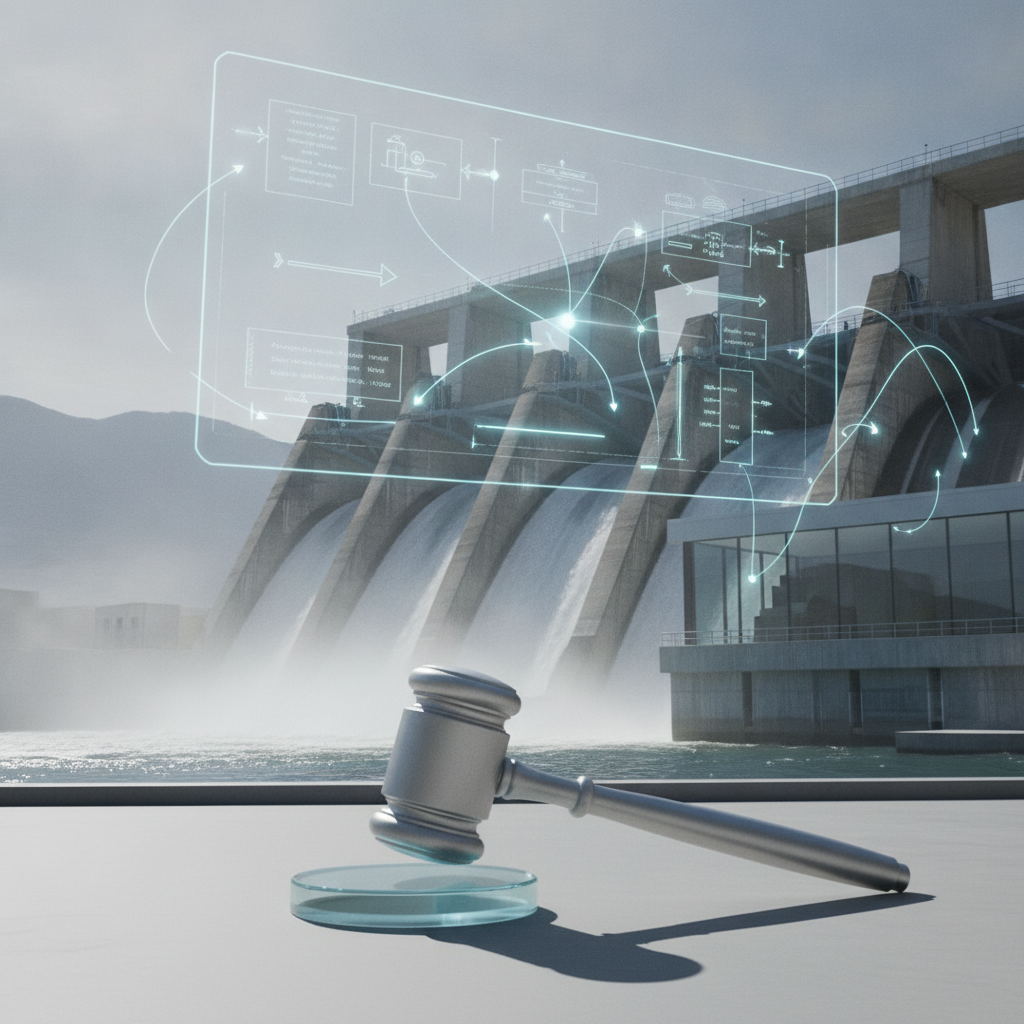 A gavel rests on a table in front of a hydropower facility with digital overlays represen — HR 9705 hydropower legislation