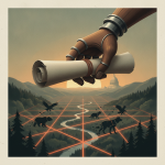 A stylized hand holding a scroll over a landscape with bears and birds, symbolizing Endangered Species Act regulations.