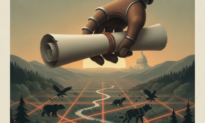 A stylized hand holding a scroll over a landscape with bears and birds, symbolizing Endangered Species Act regulations.