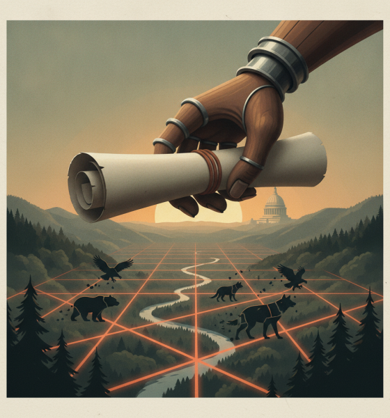 A stylized hand holding a scroll over a landscape with bears and birds, symbolizing Endangered Species Act regulations.