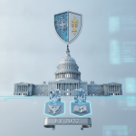Graphic depicting the U.S. Capitol building with symbols representing national security and State D — House passes HR 8595
