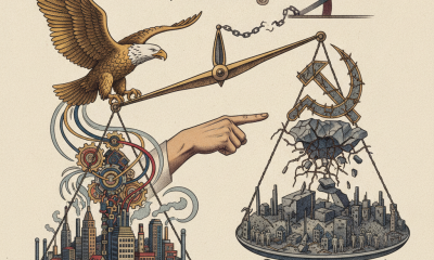 An illustration contrasting free enterprise with socialism, featuring an eagle, a scale, and citys — House Resolution 1490