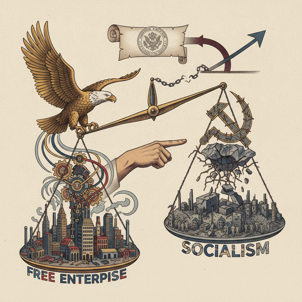An illustration contrasting free enterprise with socialism, featuring an eagle, a scale, and citys — House Resolution 1490