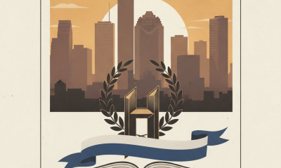 Stylized illustration of Houston skyline with a laurel wreath and an open book, symbol — Sylvester Turner House resolution