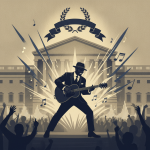 Illustration celebrating Chuck Brown with a guitar, musical notes, and a cheering crowd, symb — Chuck Brown Day resolution