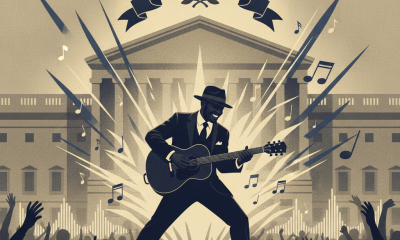 Illustration celebrating Chuck Brown with a guitar, musical notes, and a cheering crowd, symb — Chuck Brown Day resolution