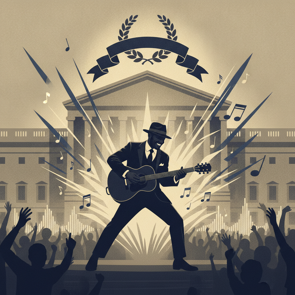 Illustration celebrating Chuck Brown with a guitar, musical notes, and a cheering crowd, symb — Chuck Brown Day resolution