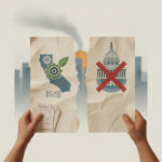 Hands holding torn papers with California's emission regulations and a crossed-out Capitol bu — house joint resolution 211