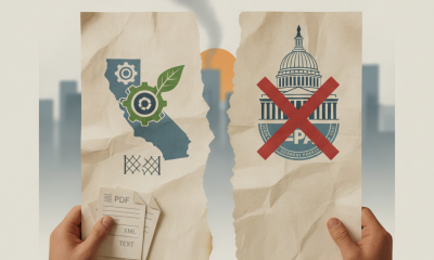 Hands holding torn papers with California's emission regulations and a crossed-out Capitol bu — house joint resolution 211