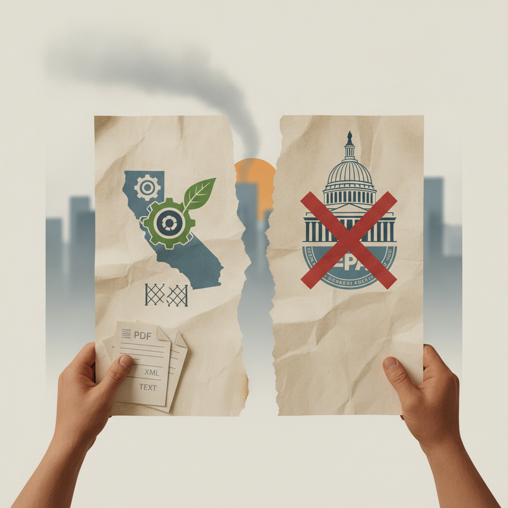Hands holding torn papers with California's emission regulations and a crossed-out Capitol bu — house joint resolution 211