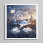 A digital illustration of a house with gears and data symbols, representing HUD Disaster Information Improvement Act and d…