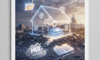 A digital illustration of a house with gears and data symbols, representing HUD Disaster Information Improvement Act and d…