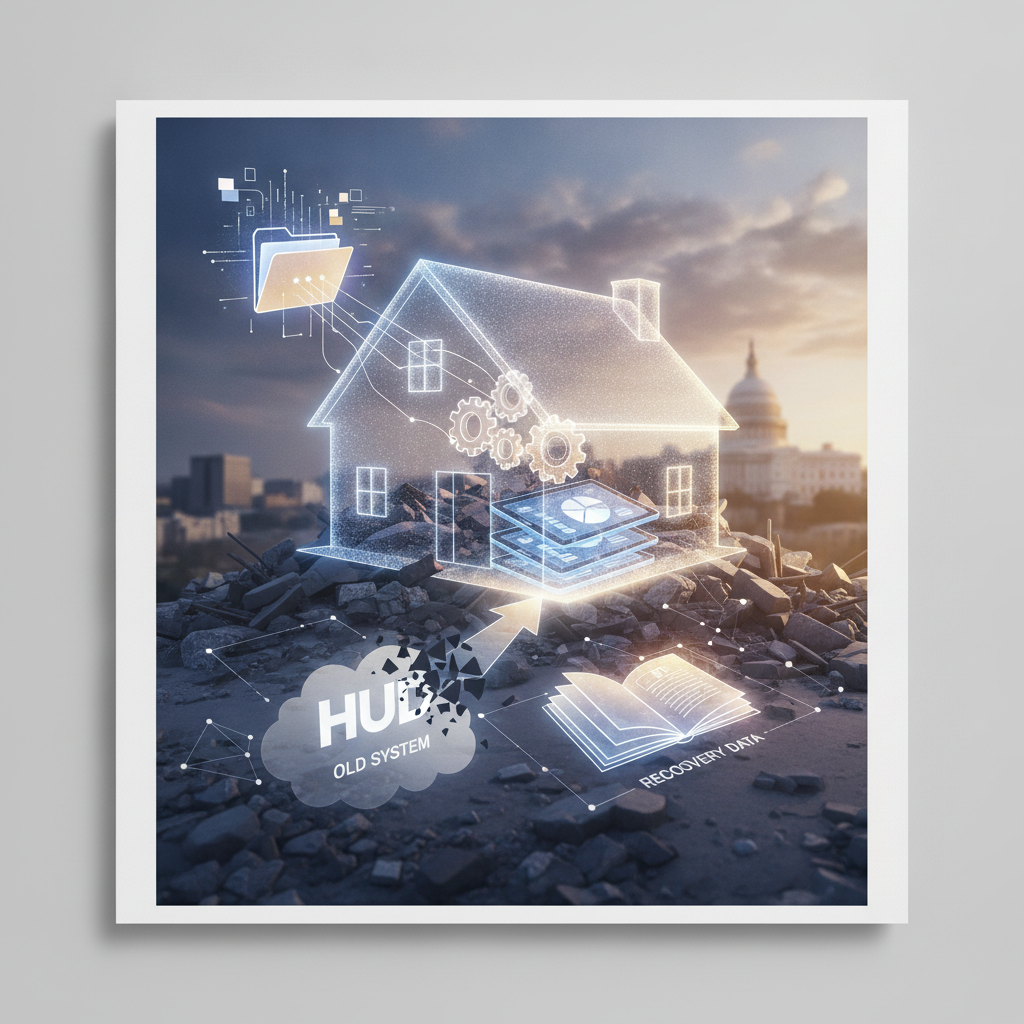 A digital illustration of a house with gears and data symbols, representing HUD Disaster Information Improvement Act and d…